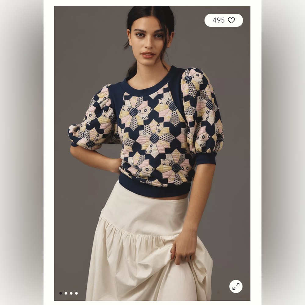 Anthropologie Maeve Puff Sleeve Quilted Patchwork Knot Top Large